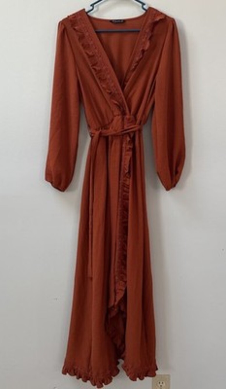 Simplee Faux Wrap Dress Ruffle Trim Maxi Dress Brunt Orange Rust Medium Boho